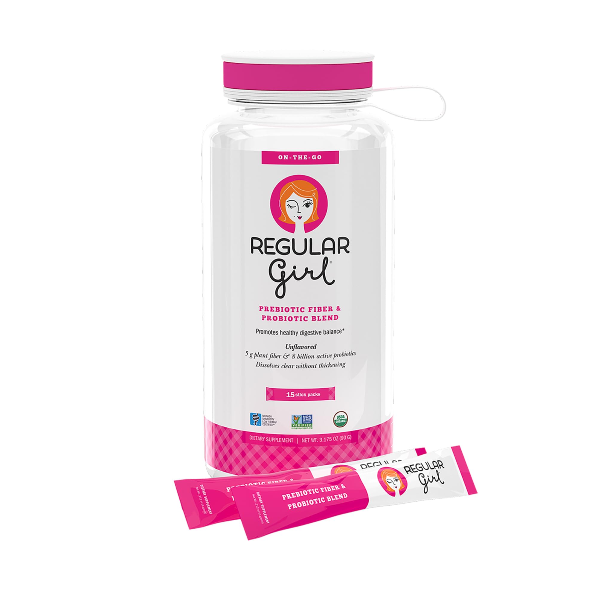 Regular Girl bottle with starter kit on counter, portable digestive support on the go.