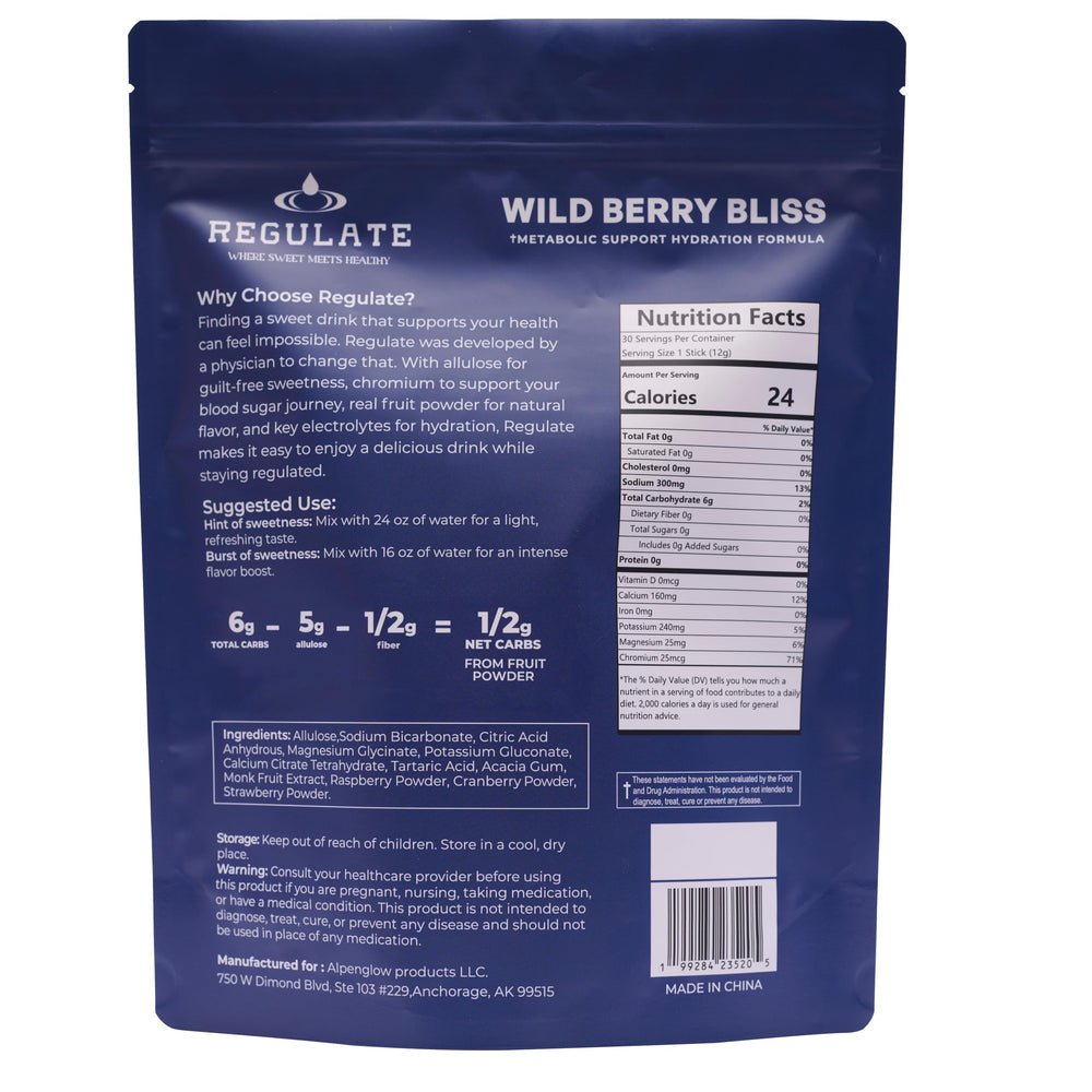 Regulate Wild Berry Bliss stick-pack on table for portable hydration