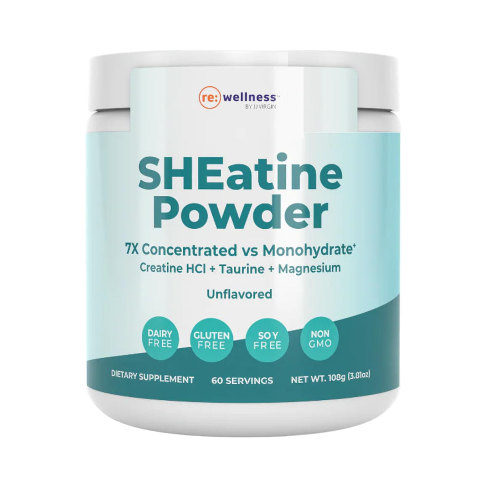 Reignite Wellness SHEatine powder tub front, showing premium creatine blend for strength and stamina.