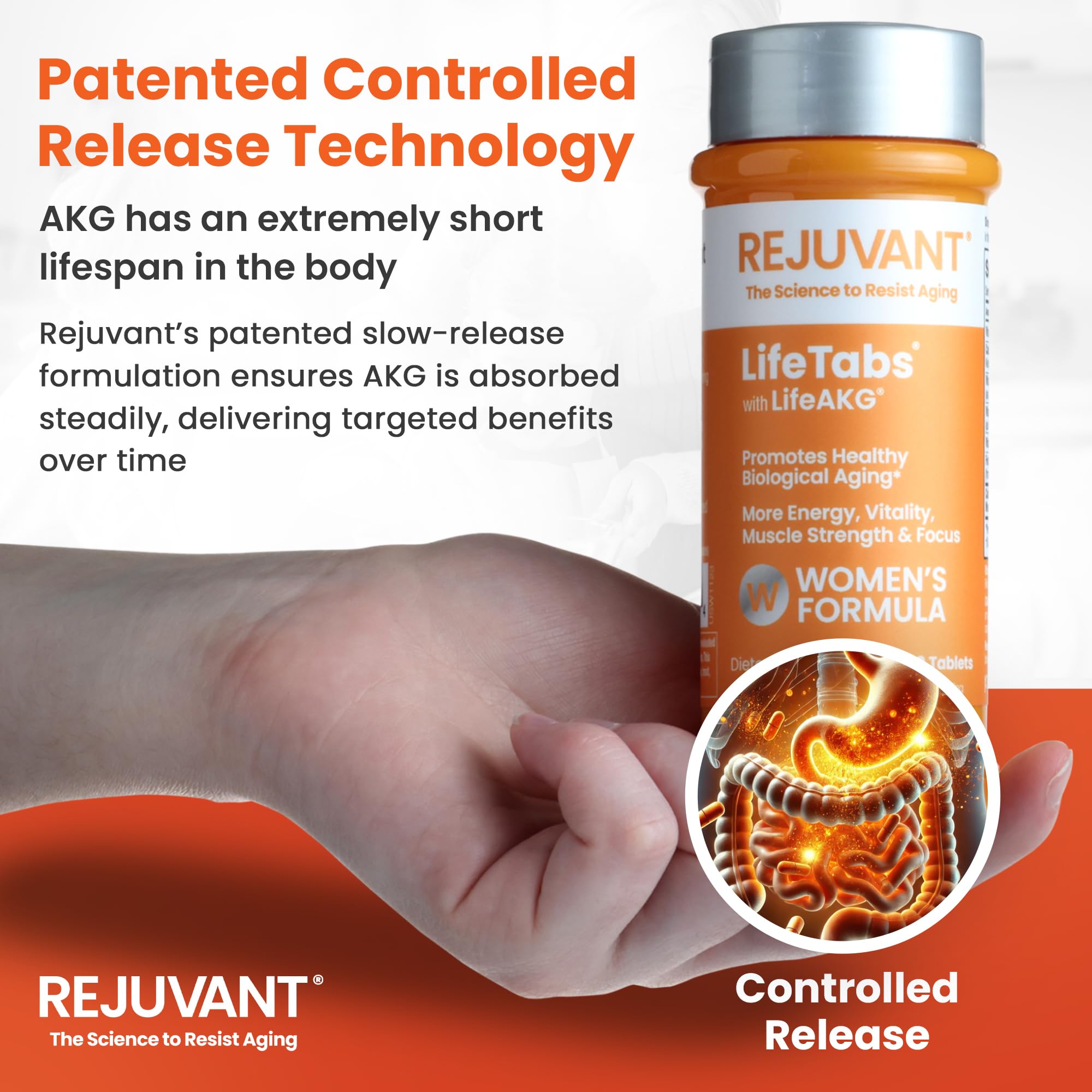 Rejuvant controlled-release graphic illustrating gradual absorption.
