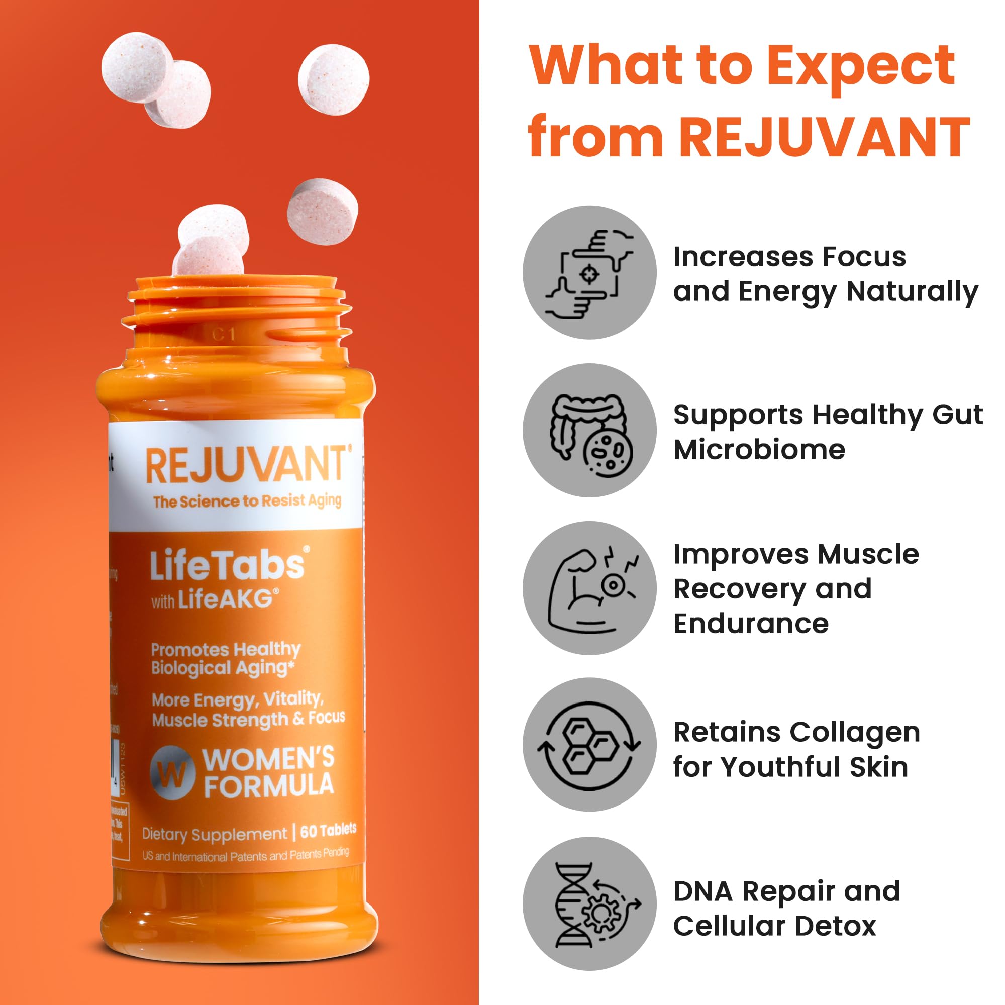 Rejuvant AKG bottle back label shows dosage and GMP quality.