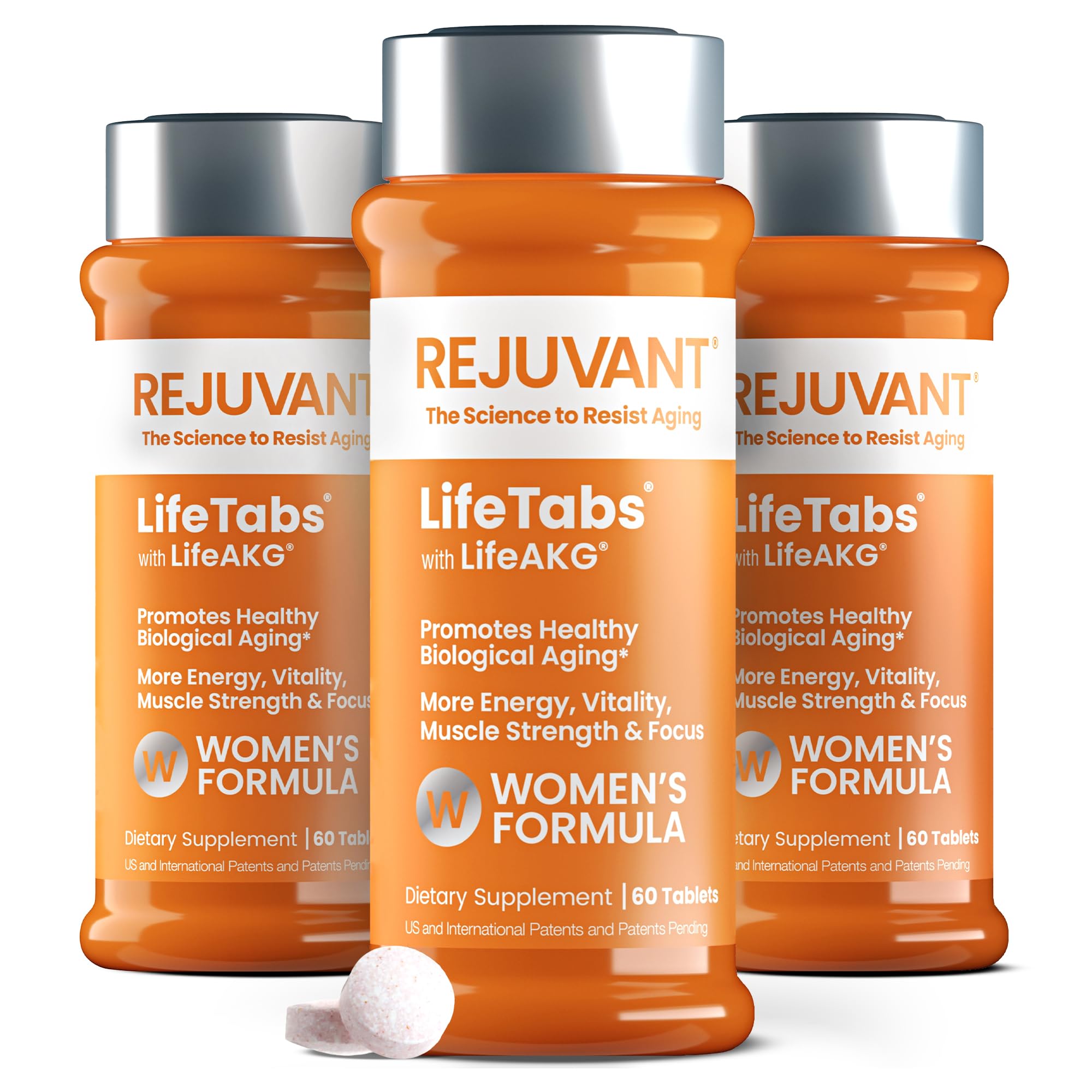 Rejuvant Women's AKG Longevity bottle front for daily vitality.