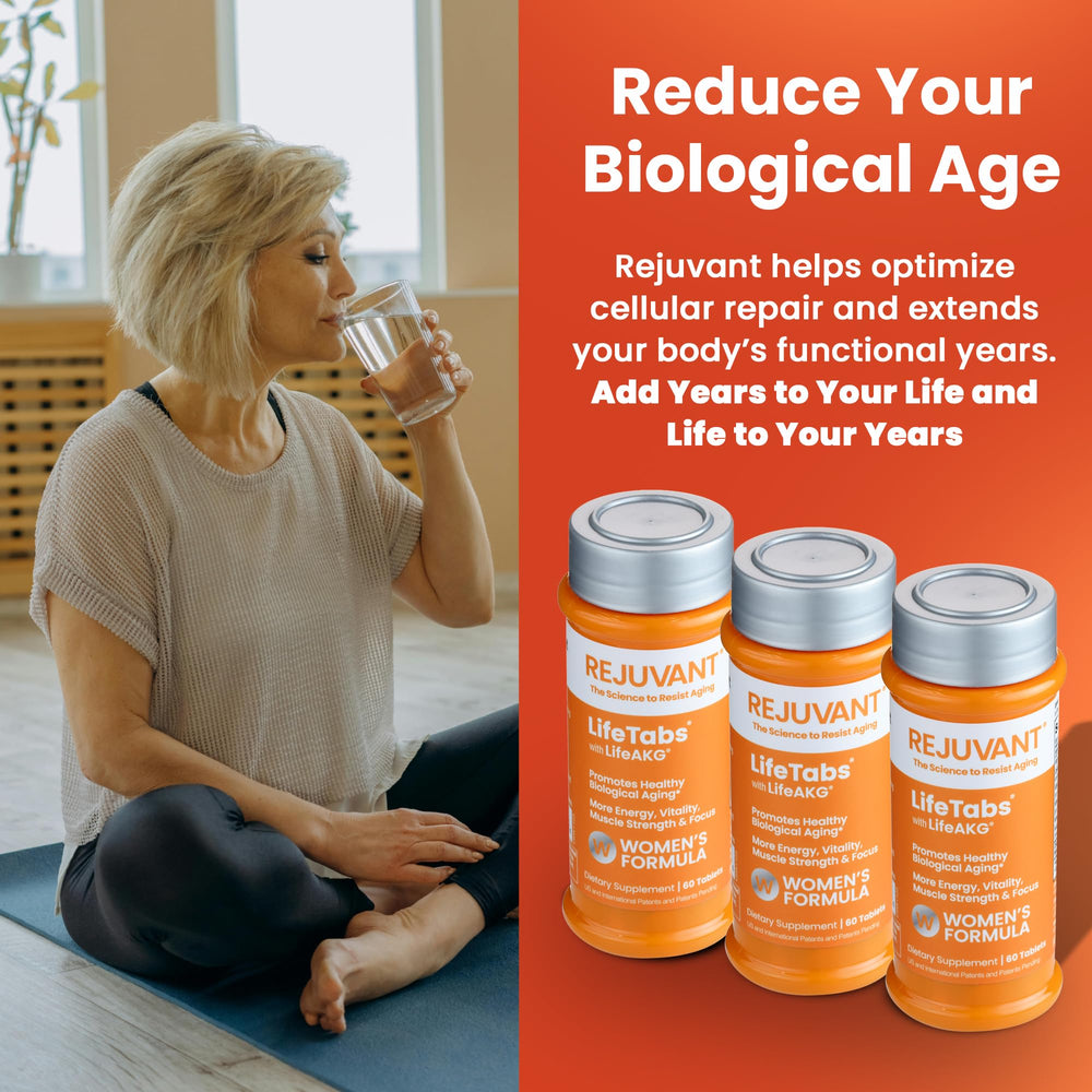 Rejuvant Women's AKG Longevity label closeup highlighting purity and release.