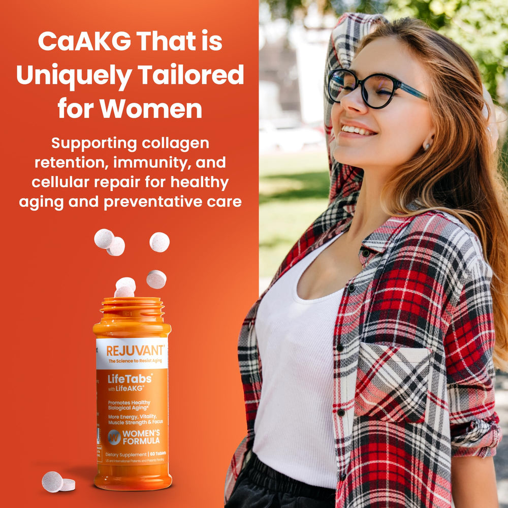 Rejuvant Women's AKG Longevity tablets in blister demonstrate packaging.