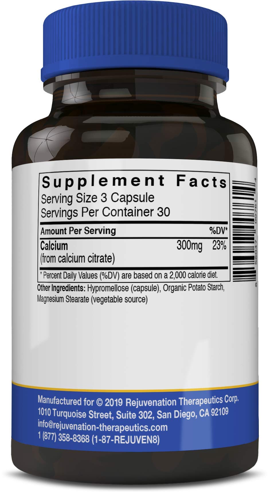 Rejuvenation Therapeutics Calcium Citrate bottle nutrition label highlights easy absorption and GMP standards