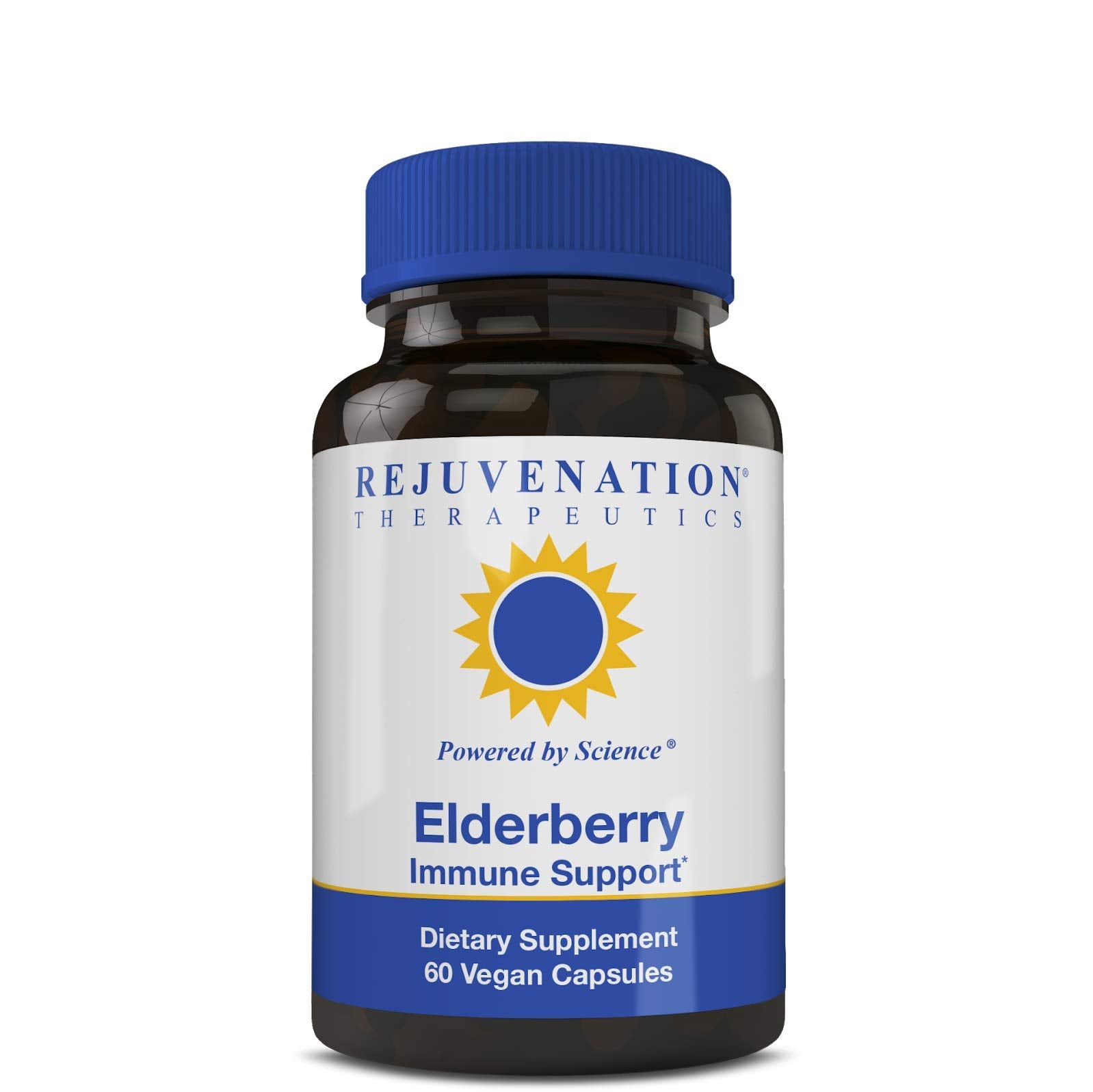 Rejuvenation Therapeutics elderberry capsules bottle: vegan immune-support option for daily wellness.