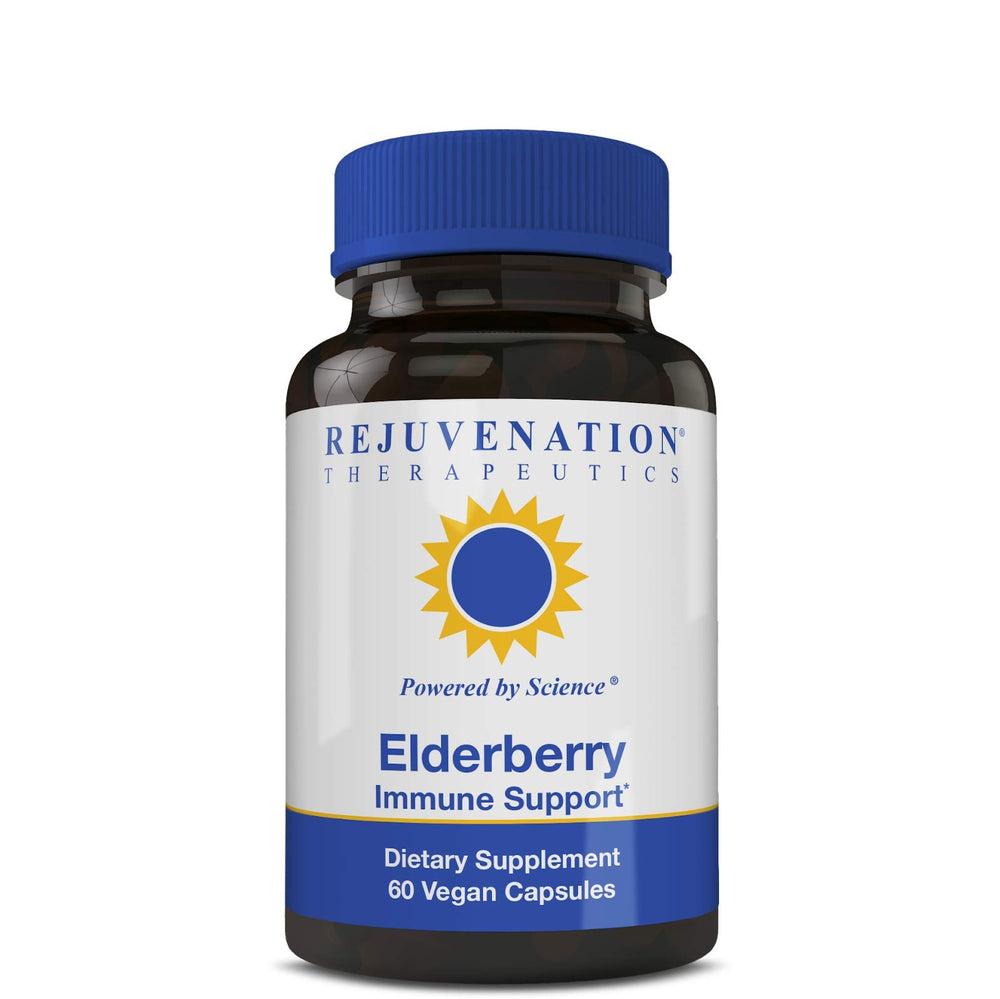 Rejuvenation Therapeutics elderberry capsules bottle: vegan immune-support option for daily wellness.