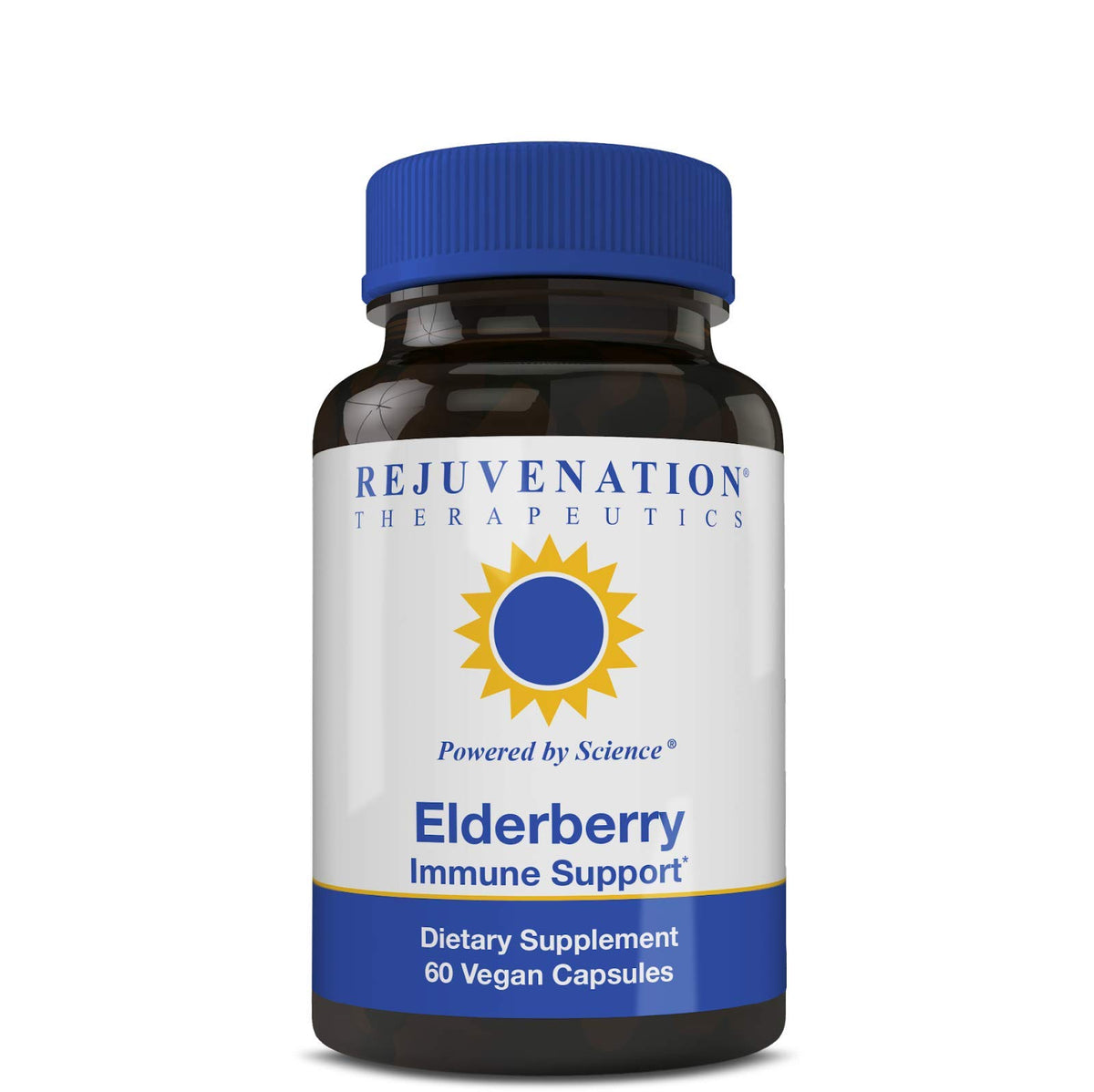 Rejuvenation Therapeutics elderberry capsules bottle: vegan immune-support option for daily wellness.