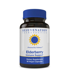 Rejuvenation Therapeutics elderberry capsules bottle: vegan immune-support option for daily wellness.