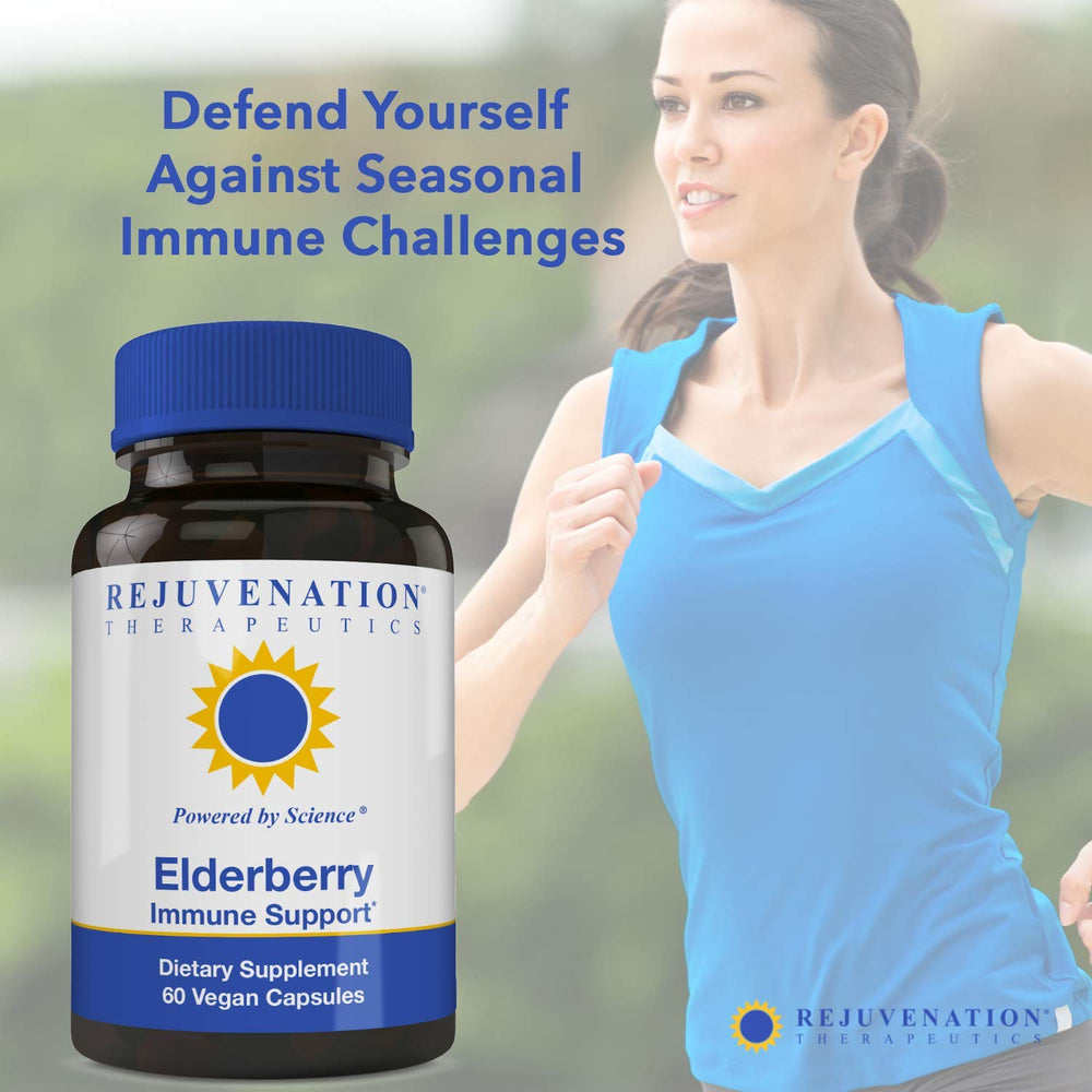 Rejuvenation Therapeutics elderberry capsules label closeup: transparent ingredients and vegan formula.