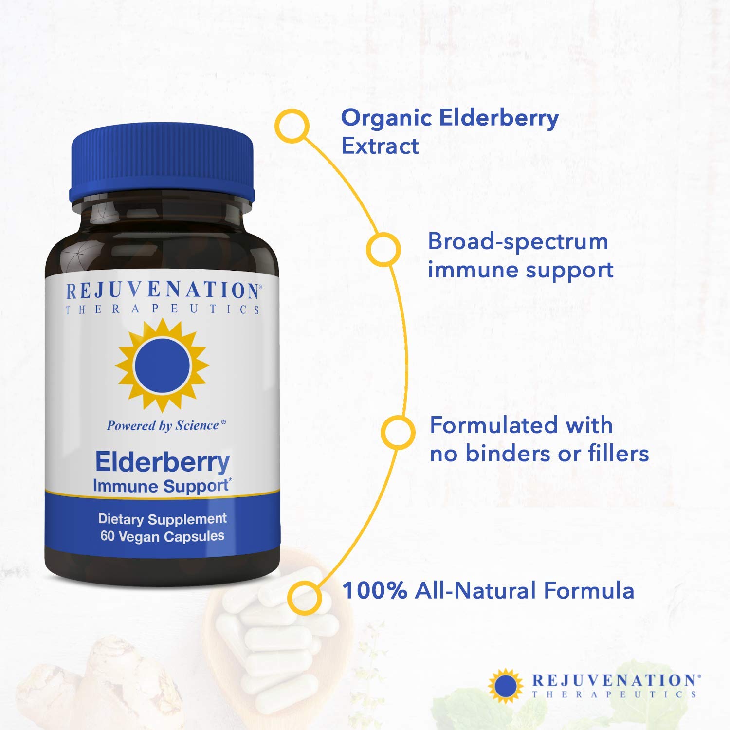 Rejuvenation Therapeutics elderberry capsules vegan-formulation: suitable for busy lifestyles seeking wellness.