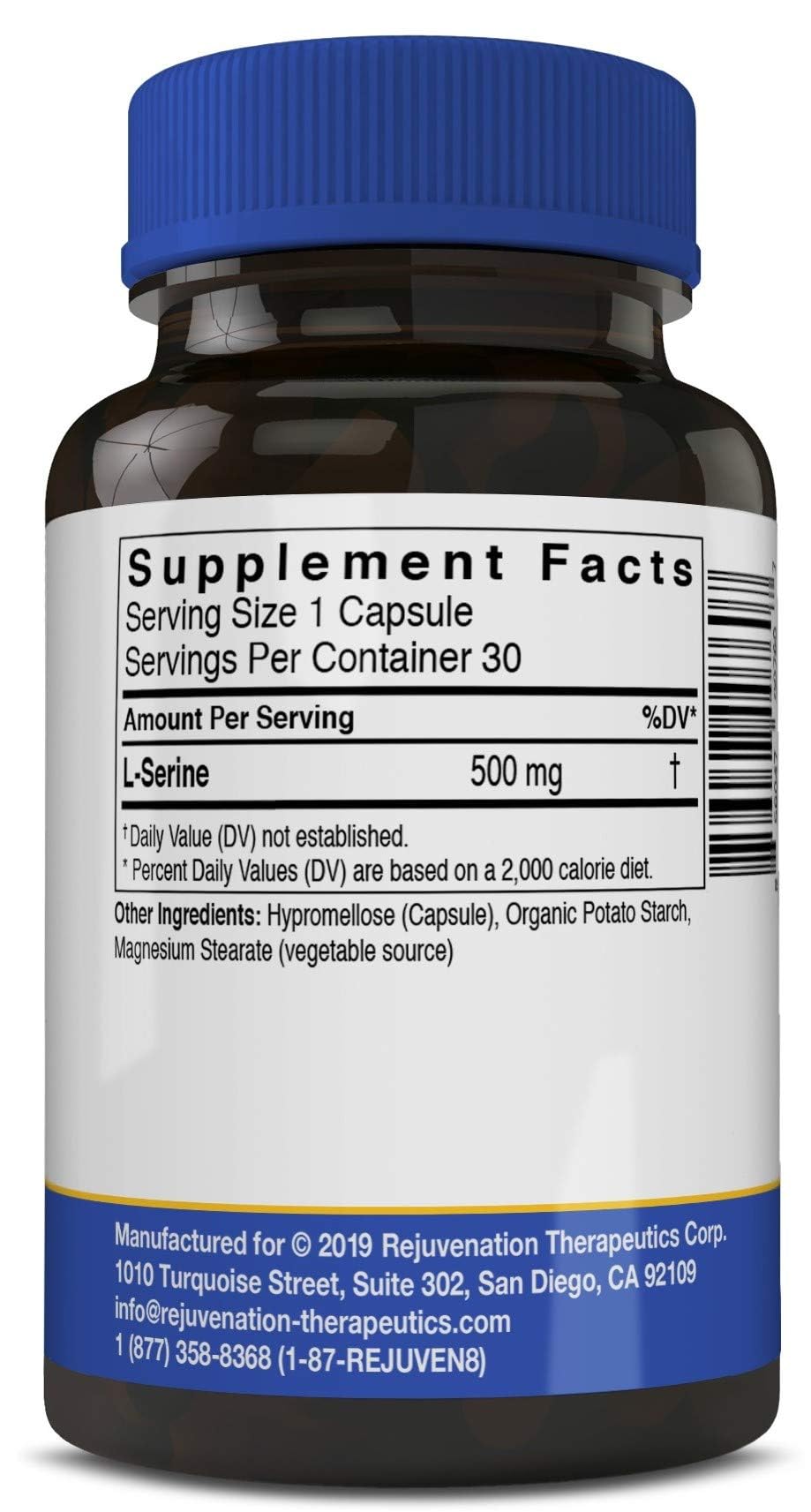 Rejuvenation Therapeutics L-Serine label close-up showing quality and ingredients