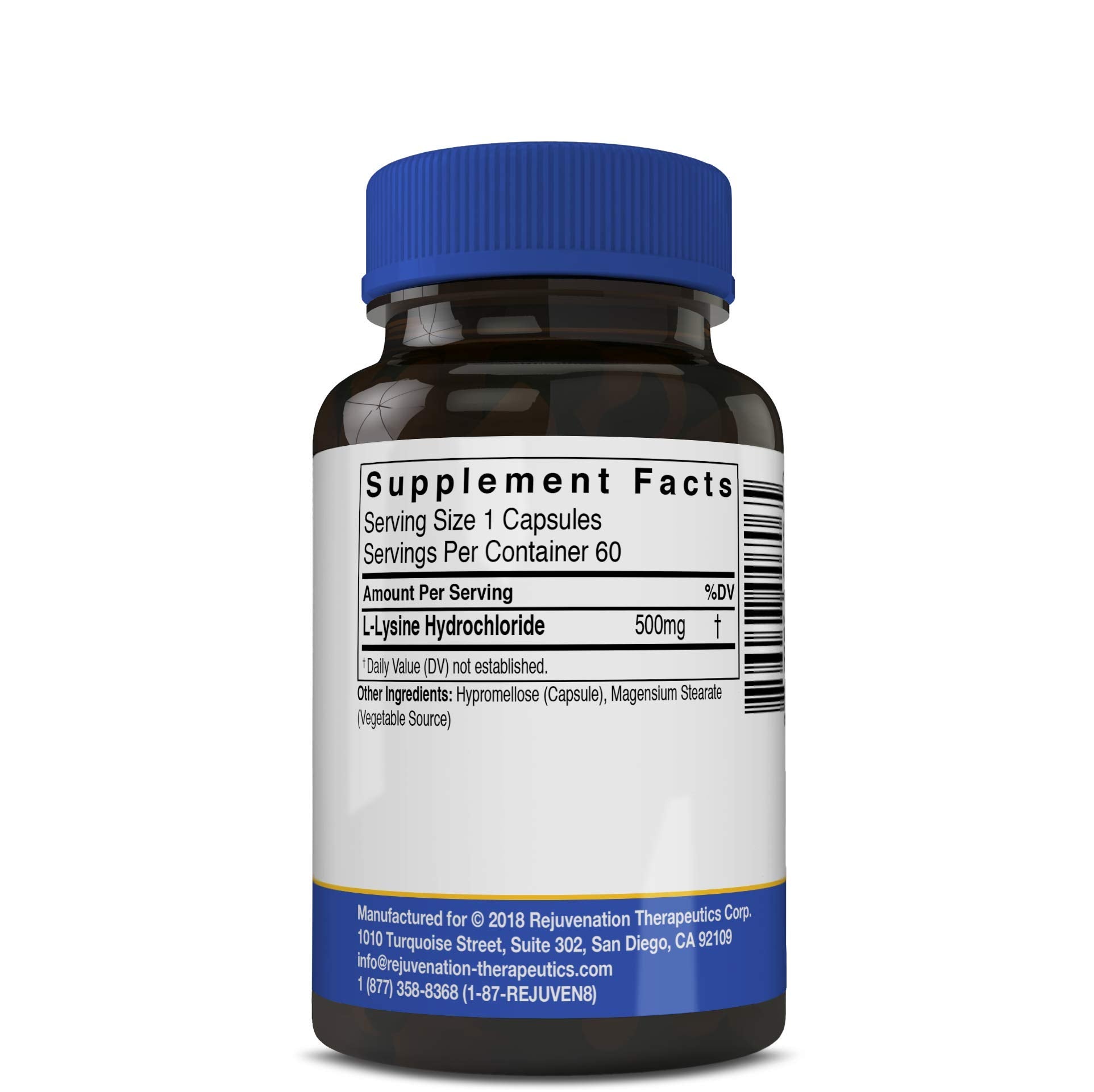 Rejuvenation Therapeutics L-Lysine capsules close-up highlighting vegan formula for skin health