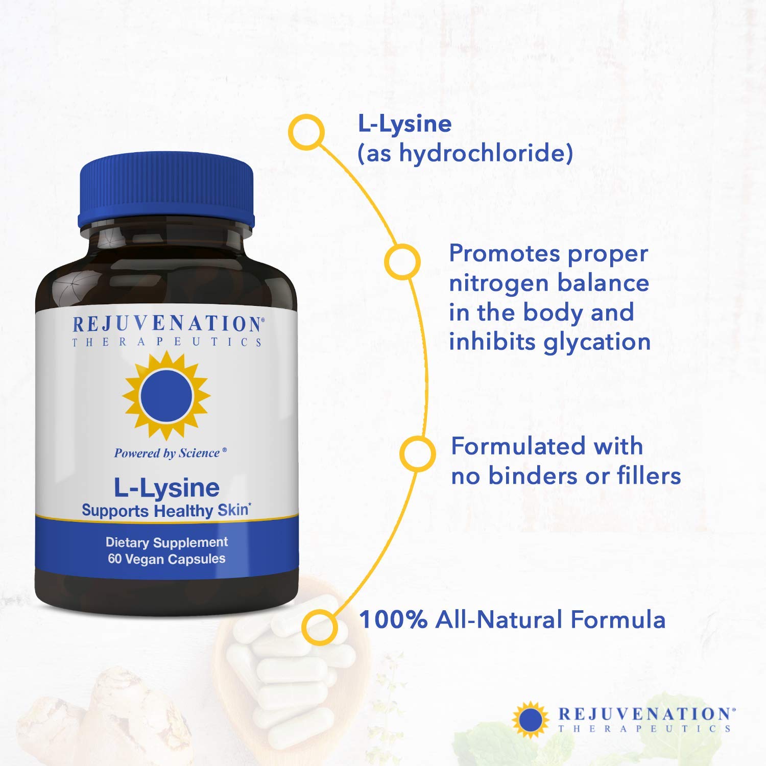 Rejuvenation Therapeutics L-Lysine bottle on shelf suggests convenient daily routine