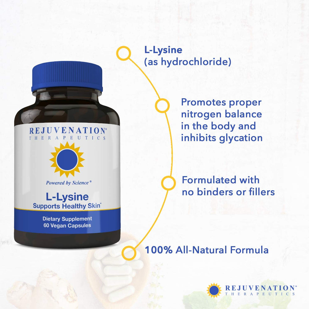 Rejuvenation Therapeutics L-Lysine bottle on shelf suggests convenient daily routine
