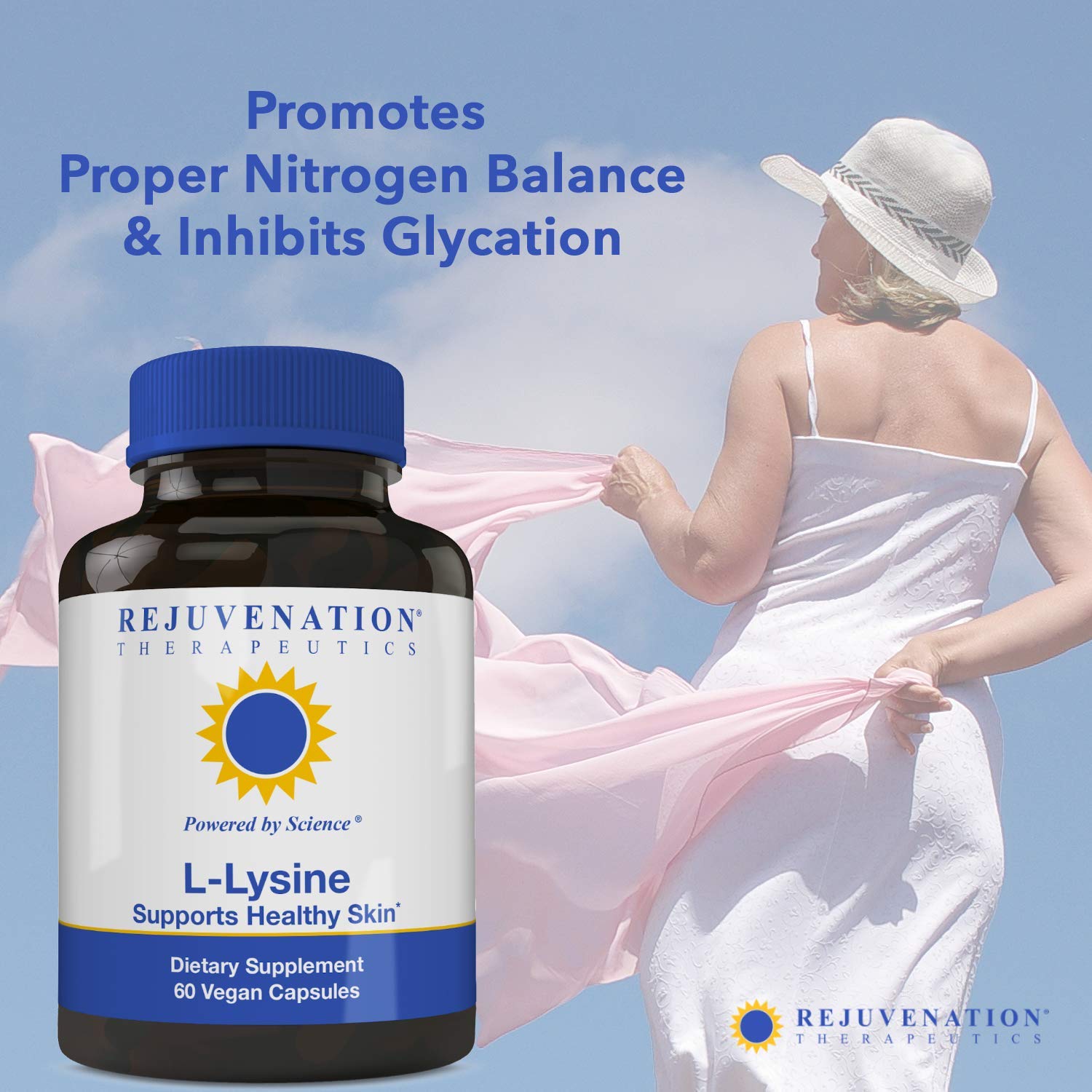 Rejuvenation Therapeutics L-Lysine vegan packaging emphasizes plant-based wellness