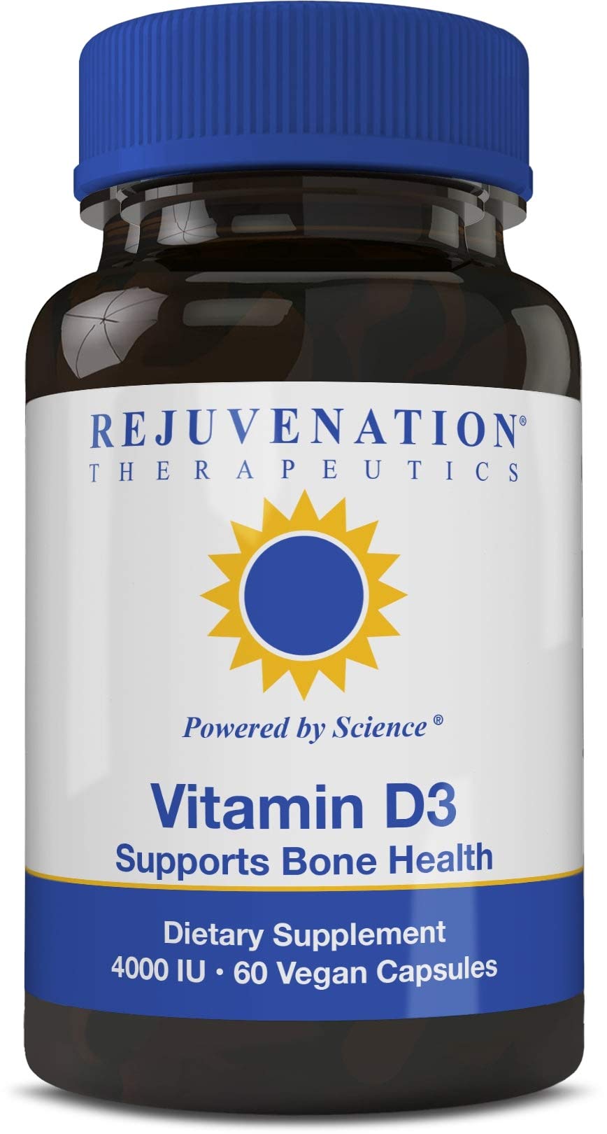 Rejuvenation Therapeutics Vitamin D3 4000IU bottle with vegan capsules for daily use and bone support.
