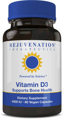 Rejuvenation Therapeutics Vitamin D3 4000IU bottle with vegan capsules for daily use and bone support.