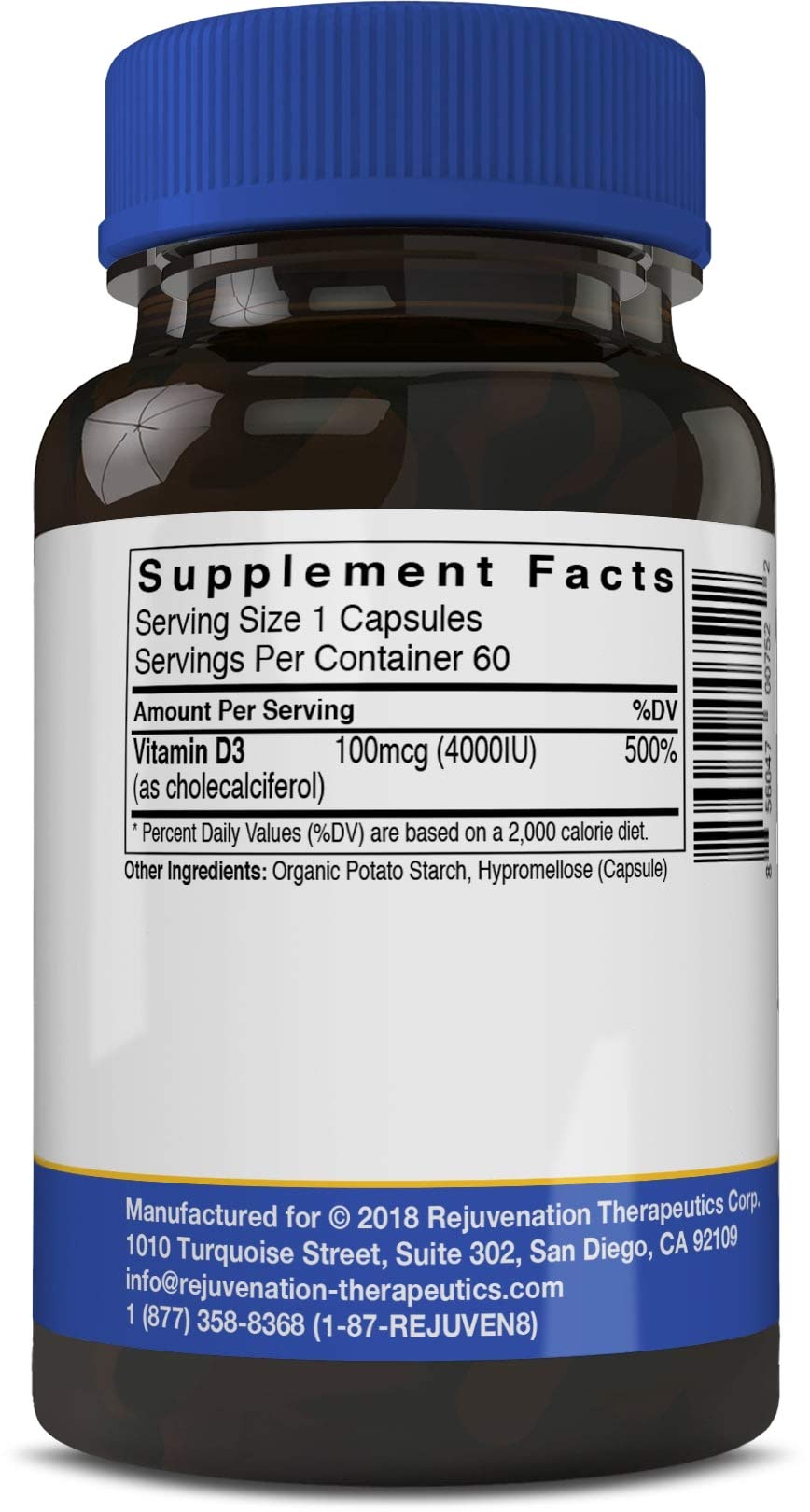 Close-up of Rejuvenation Therapeutics Vitamin D3 4000IU capsules, vegan and gluten-free for everyday wellness.