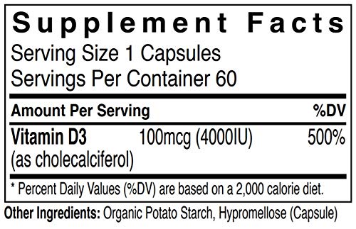 Ingredients label of Rejuvenation Therapeutics Vitamin D3 4000IU highlights pure D3 and plant-based capsule.
