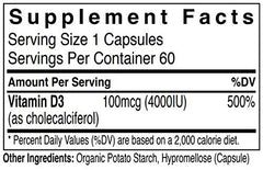 Ingredients label of Rejuvenation Therapeutics Vitamin D3 4000IU highlights pure D3 and plant-based capsule.