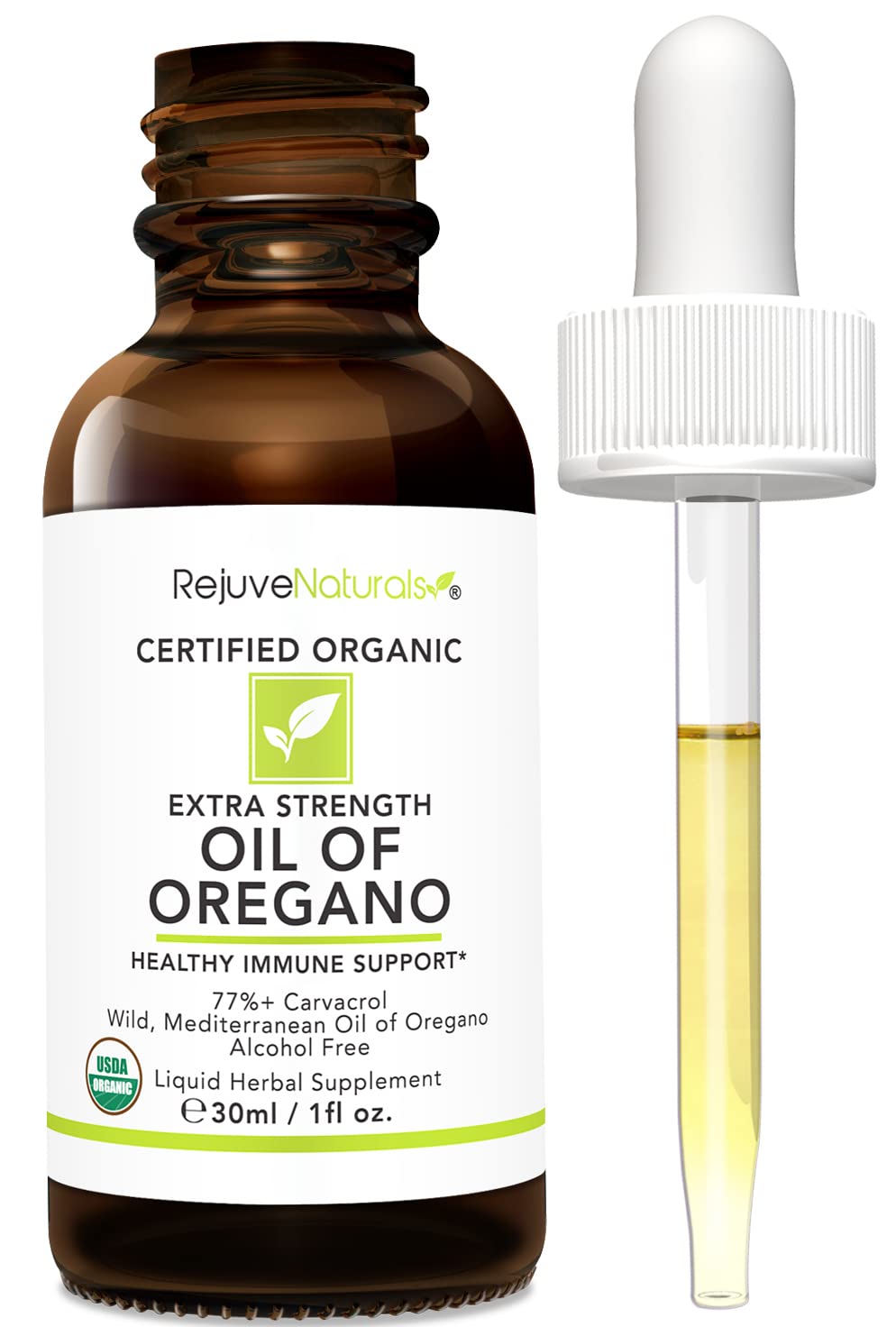 RejuveNaturals oregano oil label close-up with safety notes.