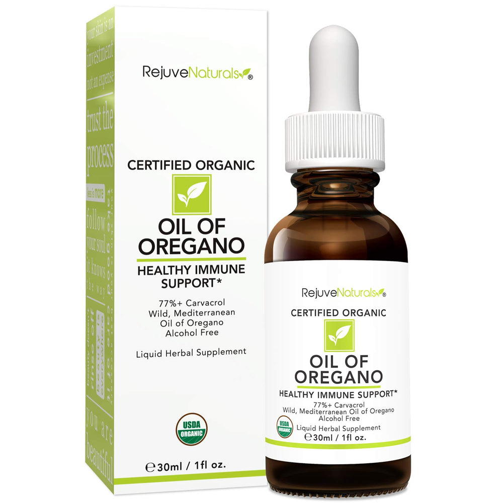 RejuveNaturals label close-up with organic and vegan marks.