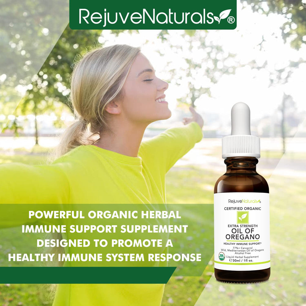 RejuveNaturals USDA Organic oregano bottle label emphasizes wild origin.