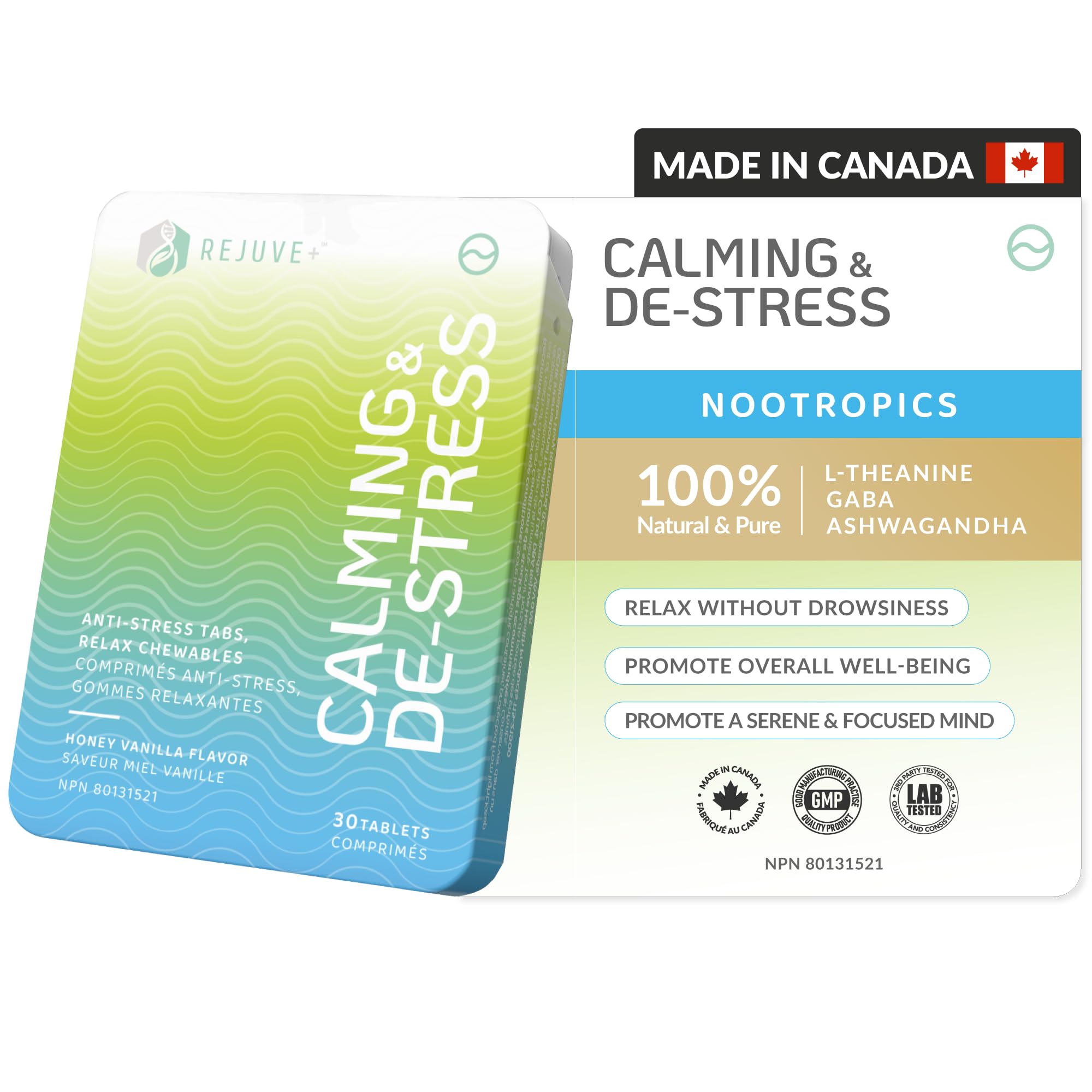 REJUVE+ Calm & Destress bottle view illustrates daily stress relief in a chewable.
