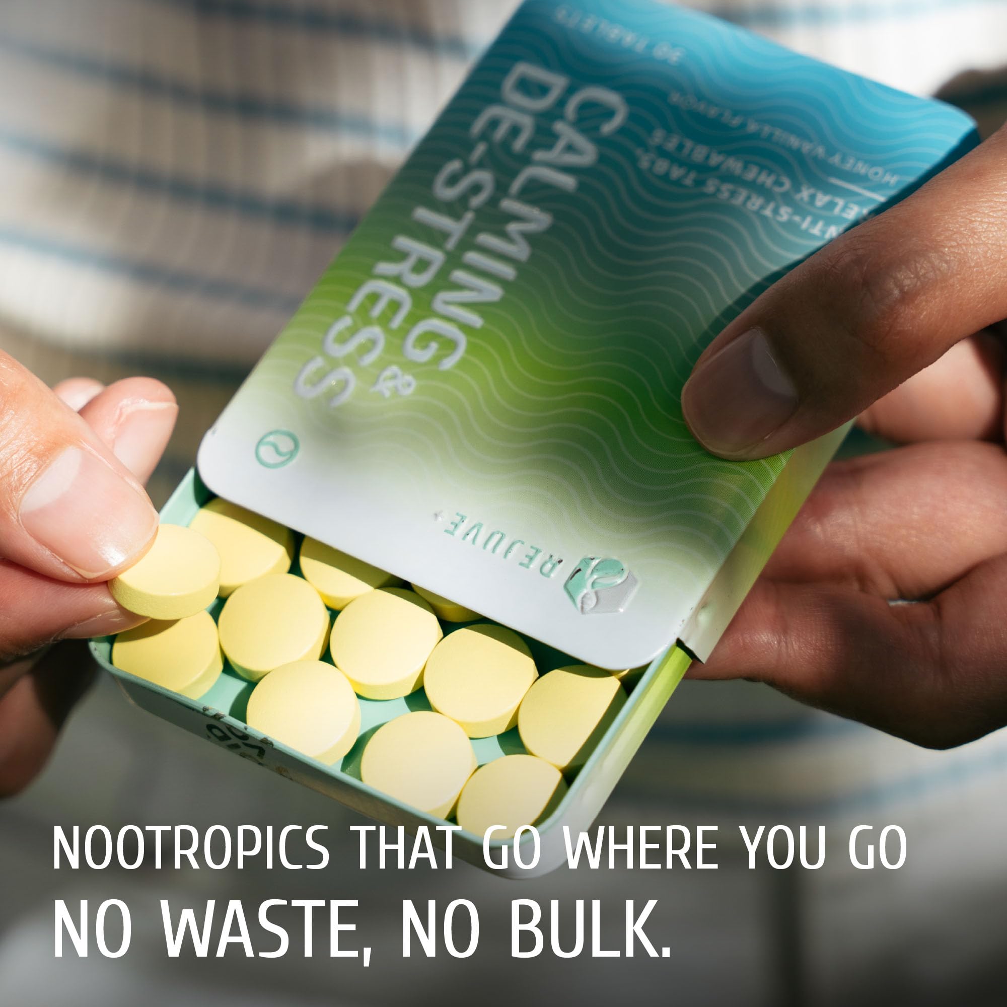 REJUVE+ Non-habit forming chewables emphasize fast absorption and convenience.