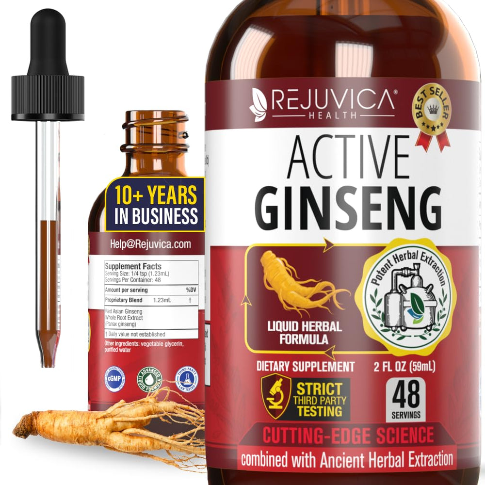 Rejuvica Health Active Ginseng bottle pour highlights quick energy support.