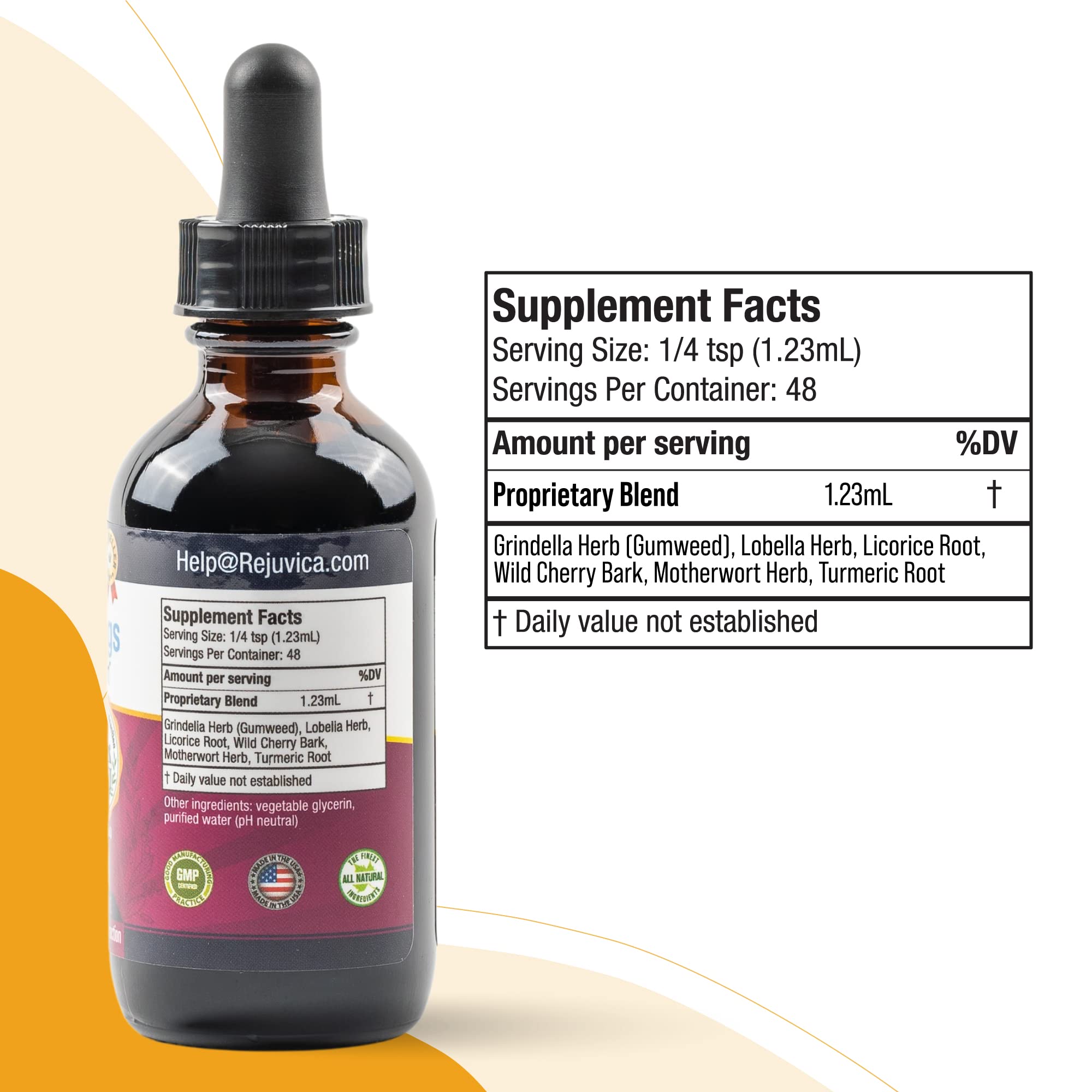Rejuvica Health Bright Lungs packaging reflects organic, wildcrafted sourcing.