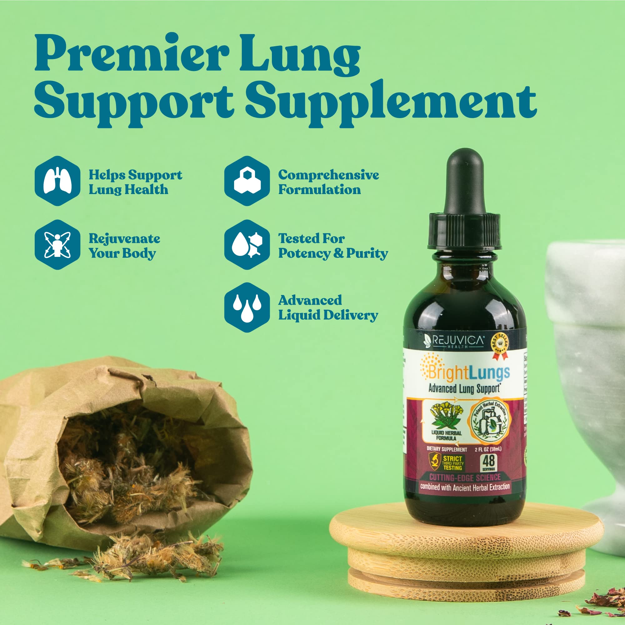 Rejuvica Health Bright Lungs dropper dispensing easy-to-use liquid.