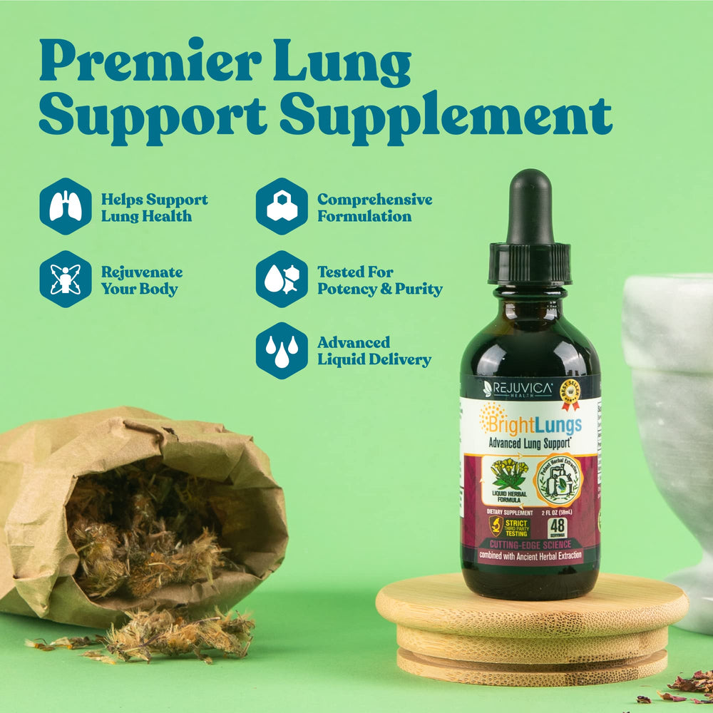 Rejuvica Health Bright Lungs dropper dispensing easy-to-use liquid.