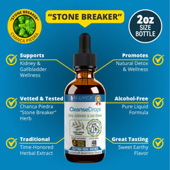 Rejuvica Health Cleanse Drops bottle label close-up showing alcohol-free formula.