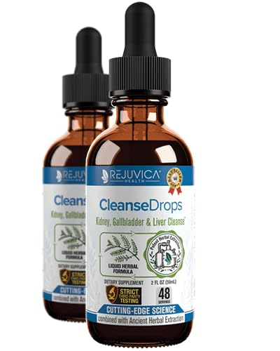 Rejuvica Health Cleanse Drops bottle highlighting kidney and gallbladder support.