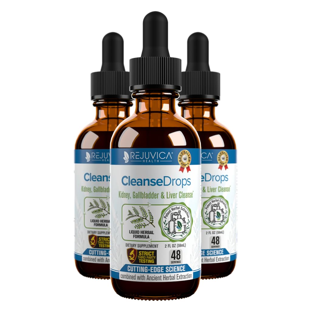 Rejuvica Health Cleanse Drops bottle highlights easy daily kidney and gallbladder support