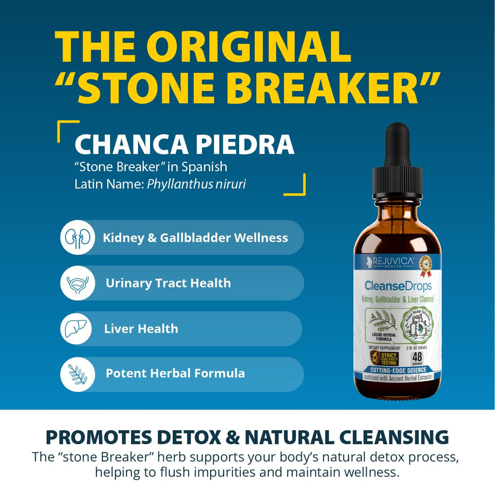 Rejuvica Health Cleanse Drops being poured into water for easy daily use.