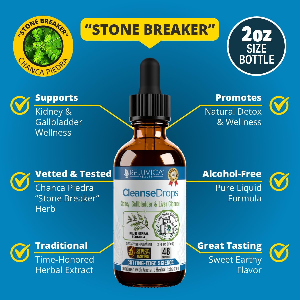 Rejuvica Health Cleanse Drops poured into a glass for quick absorption