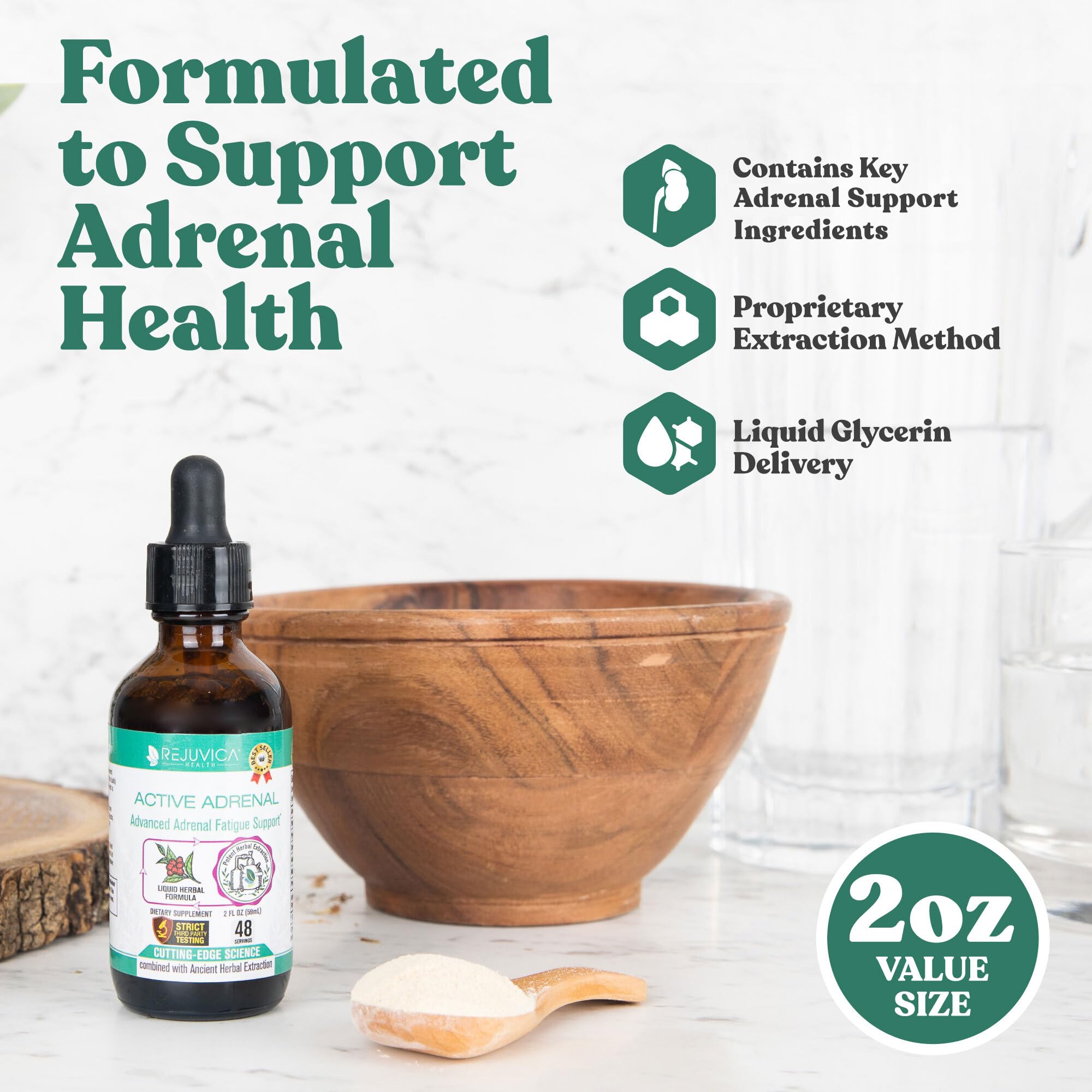 Closeup of Rejuvica Health Active Adrenal bottle highlighting premium tincture ingredients.