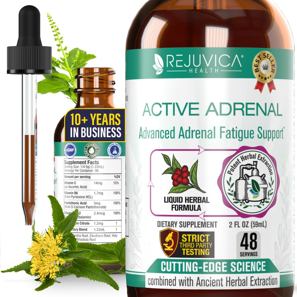 Rejuvica Health Active Adrenal bottle pour demonstrates easy, alcohol-free delivery for daily balance.