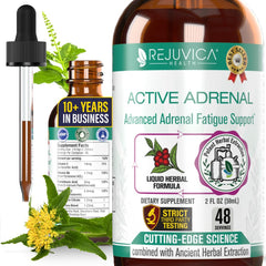 Rejuvica Health Active Adrenal bottle pour demonstrates easy, alcohol-free delivery for daily balance.
