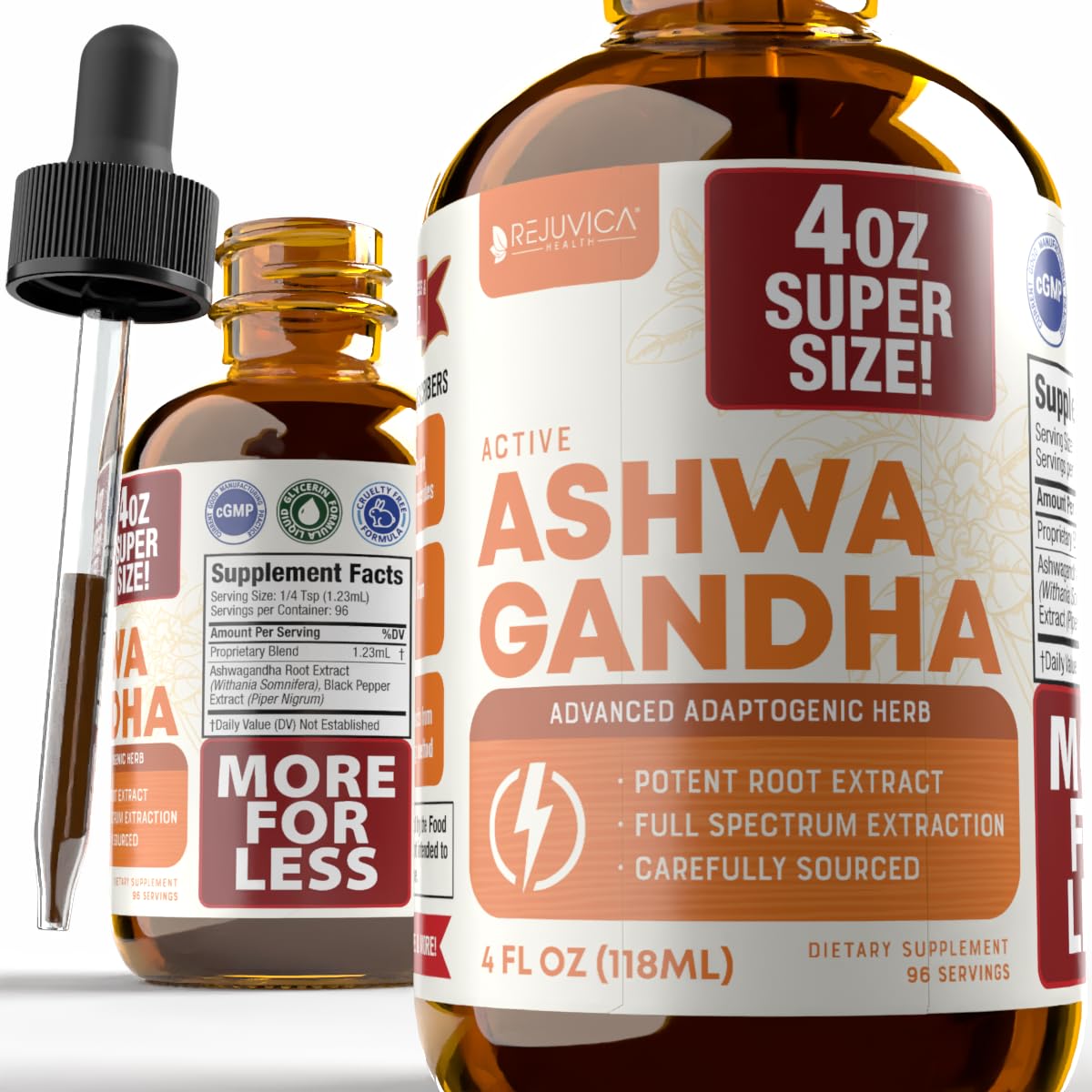 Rejuvica Health Active Ashwagandha bottle pour for easy daily dosing and potential stress support.