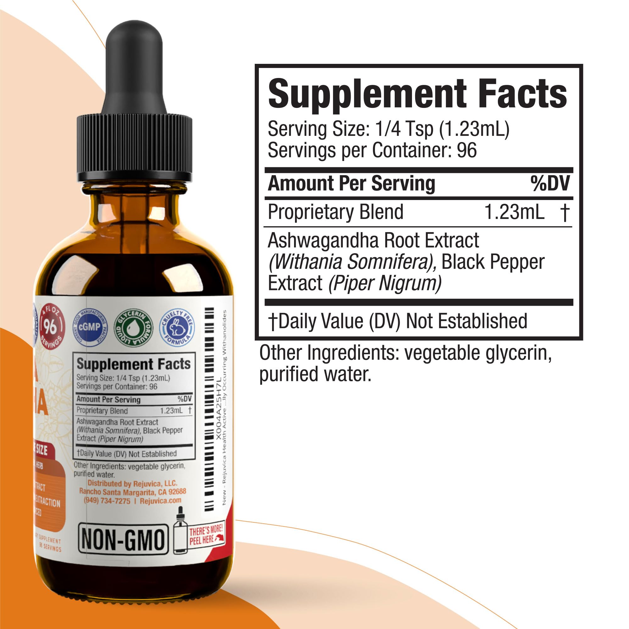 Rejuvica Health Active Ashwagandha tincture bottle demonstrates premium liquid format for fast absorption.