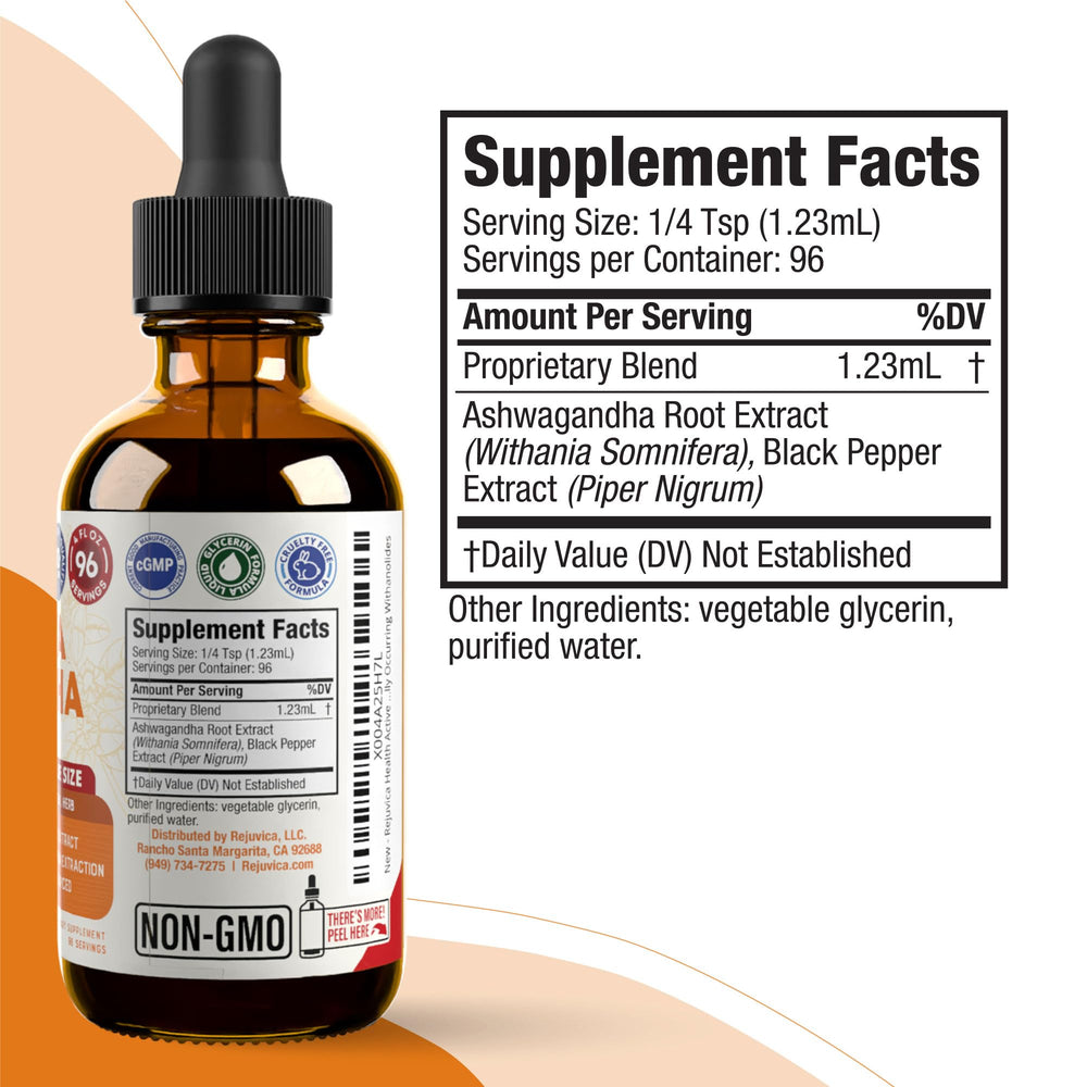 Rejuvica Health Active Ashwagandha tincture bottle demonstrates premium liquid format for fast absorption.