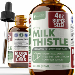 Rejuvica Health Active Milk Thistle drops bottle label highlights liver support.