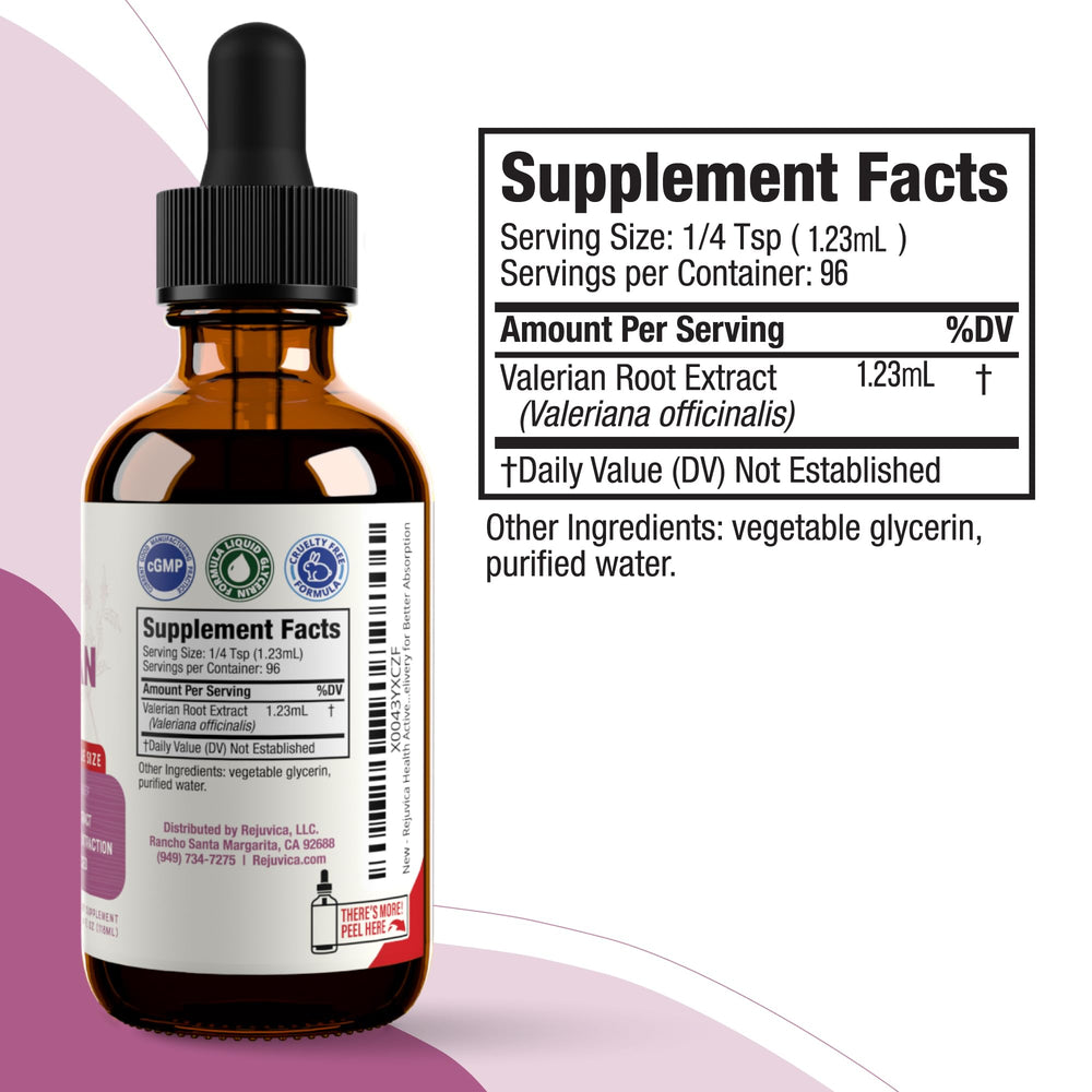 Rejuvica Health Active Valerian packaging closeup emphasizes vegan, sugar-free tincture