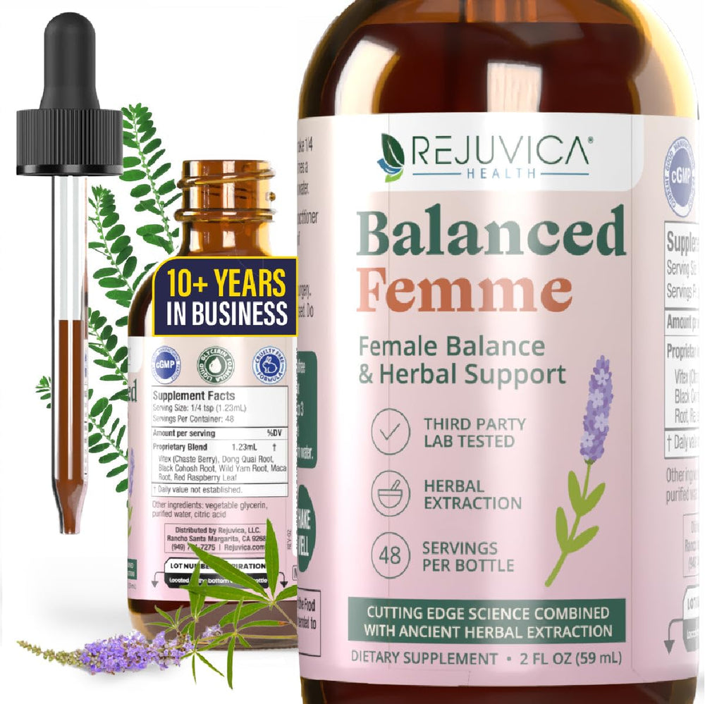 Rejuvica Health Balanced Femme bottle shows a natural, alcohol-free liquid formula for daily balance.
