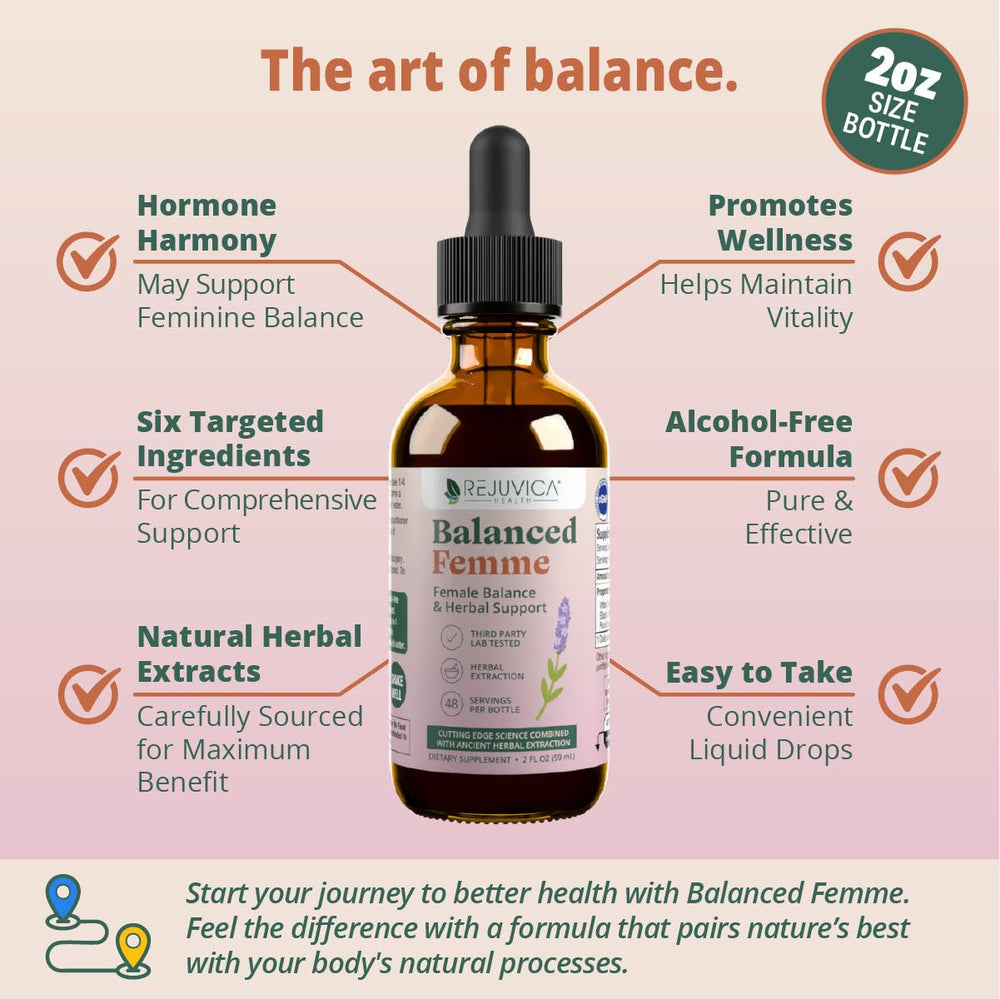 Rejuvica Health Balanced Femme dropper illustrates effortless use with a precise, quick dosing.