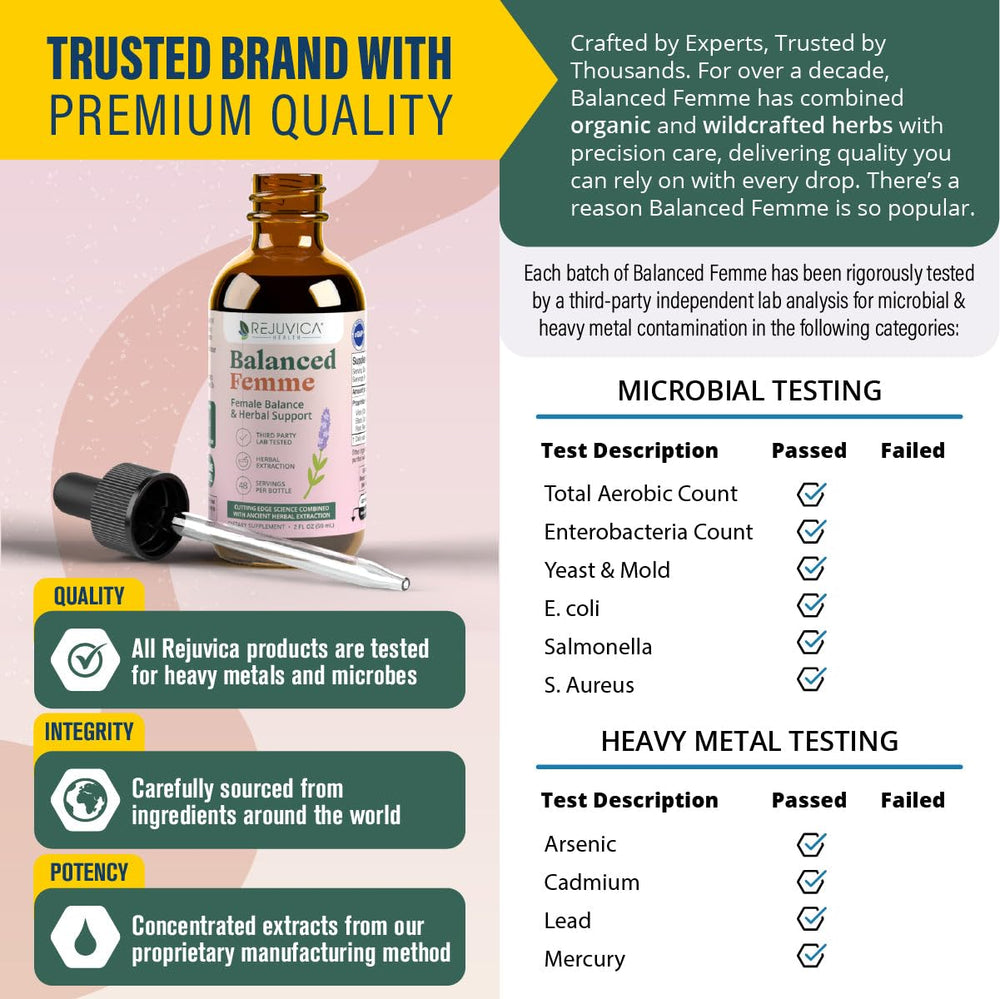Rejuvica Health Balanced Femme liquid being poured conveys clean flavor and smooth intake.
